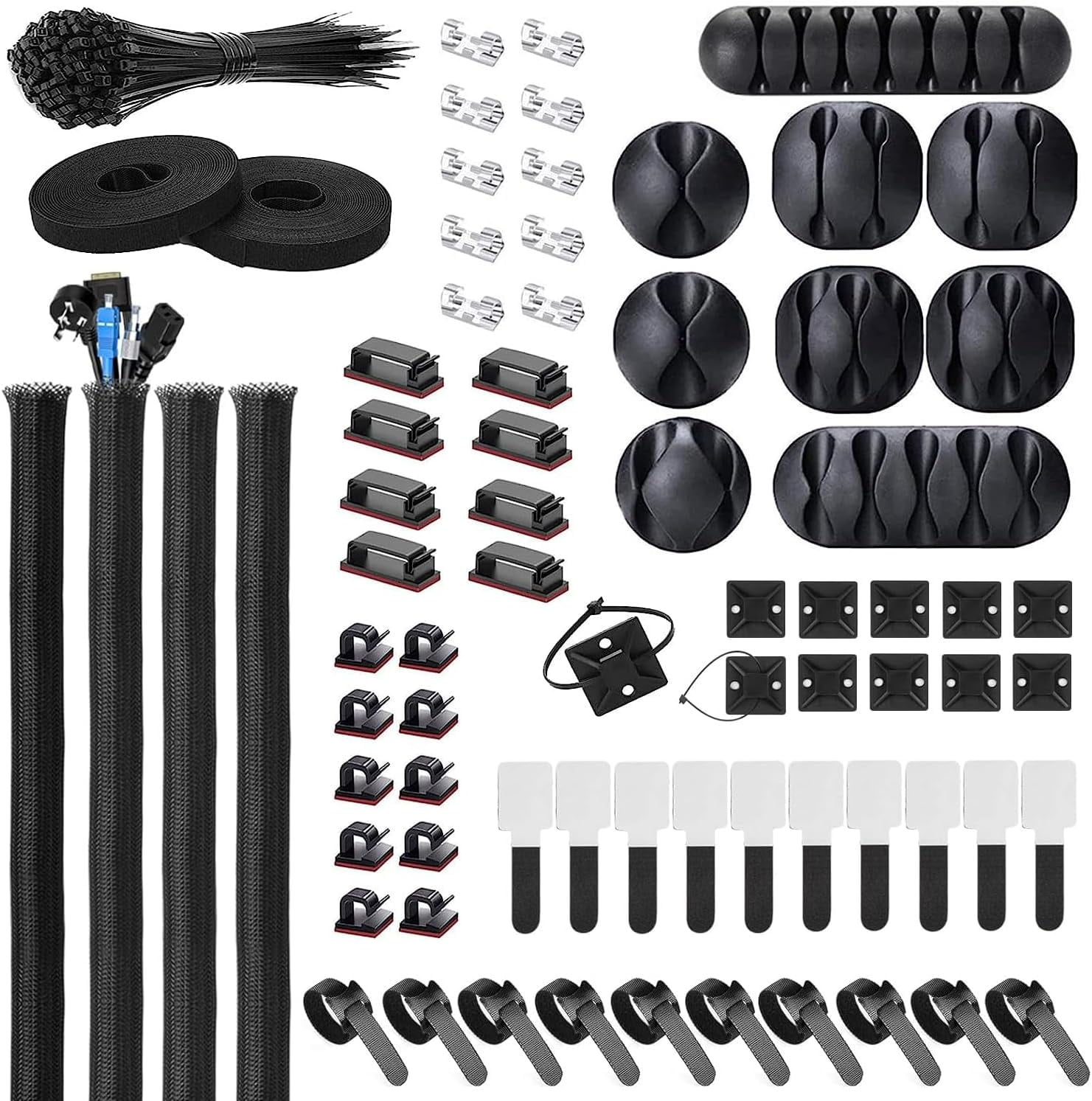 CRKMGS-Cable Management Kit - 4 Cable Sleeve, 28 Self Adhesive Cable Clips, 29 Cord Holders, 10+2 Roll Cable Organizer Straps and 100 Fastening Cable Ties for TV Computer Under Desk (Black)