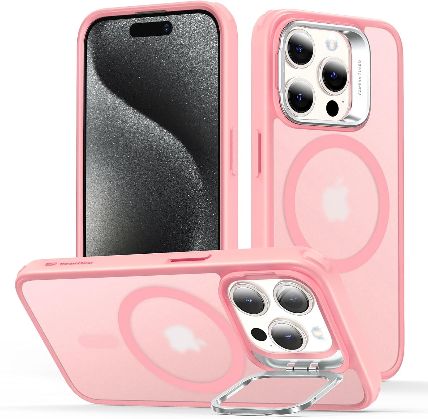 CRKMGS-ESR for iPhone 15 Pro Case, Compatible with MagSafe, Military-Grade Protective Case, Built-in Stash Stand Phone Case, Scratch-Resistant Back Cover, Classic Series, Frosted Pink