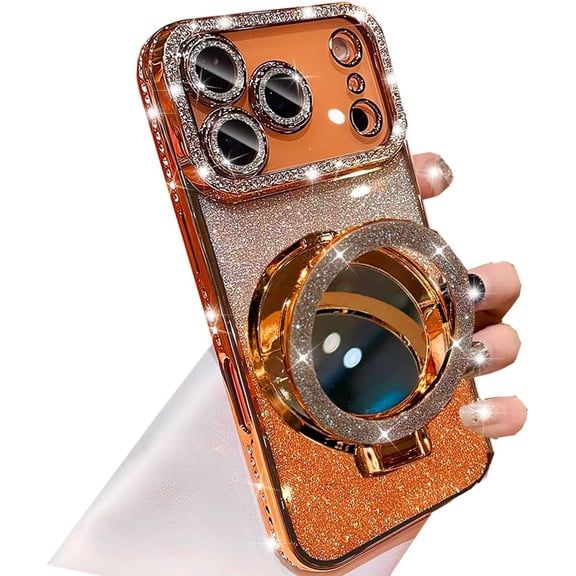 CRKMGS-Magnetic Kickstand Glitter Case for iPhone 17 Pro Max,[Compatible with Magsafe] Cute Bling Sparkly Rhinestone with Camera Protector Makeup Mirror Women Girls Case for iPhone 17 Pro Max,Orange