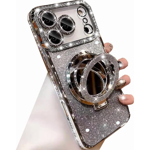 CRKMGS-Magnetic Kickstand Glitter Case for iPhone 17 Pro Max,[Compatible with Magsafe] Cute Bling Sparkly Rhinestone with Camera Protector Makeup Mirror Women Girls Case for iPhone 17 Pro Max,Silver