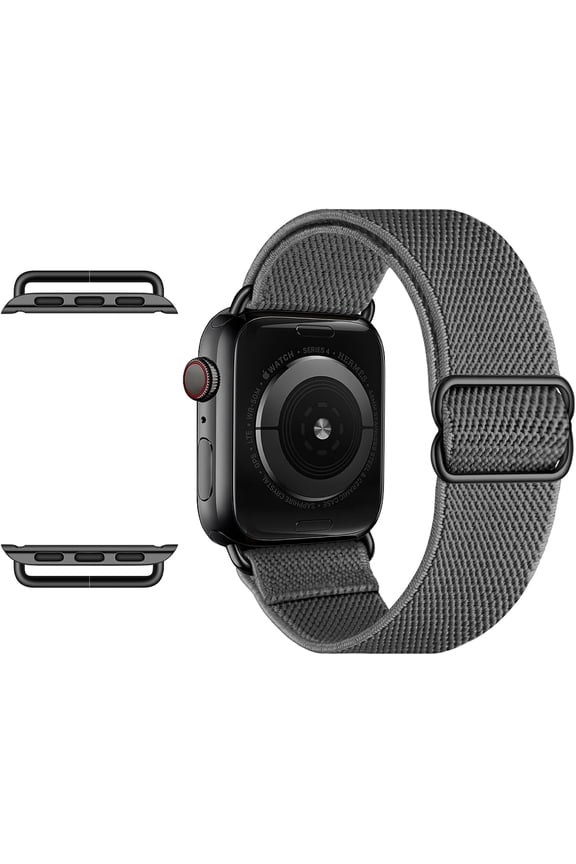 -Metal Connector Stretchy Nylon Solo Loop Band Compatible with Apple Watch 9/8/7/6/5/4/3 SE Ultra 2/1 49 45 44 42mm, Adjustable Elastic Strap for iWatch, Deep Gray - Stainless Steel Adapter