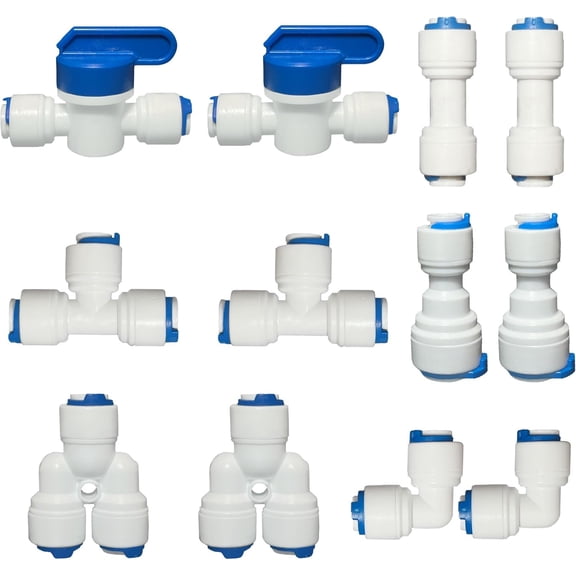 CRKMGS-Quick-Connect Plumbing Fittings:12 Pcs Set Including 1/4 Inch Outer Diameter (1/4" T/I/L/Y/Ball Valve) And 1/4" To 3/8" Outer Diameter Quick Connectors For Reverse Osmosis Water Pipes, Push-to