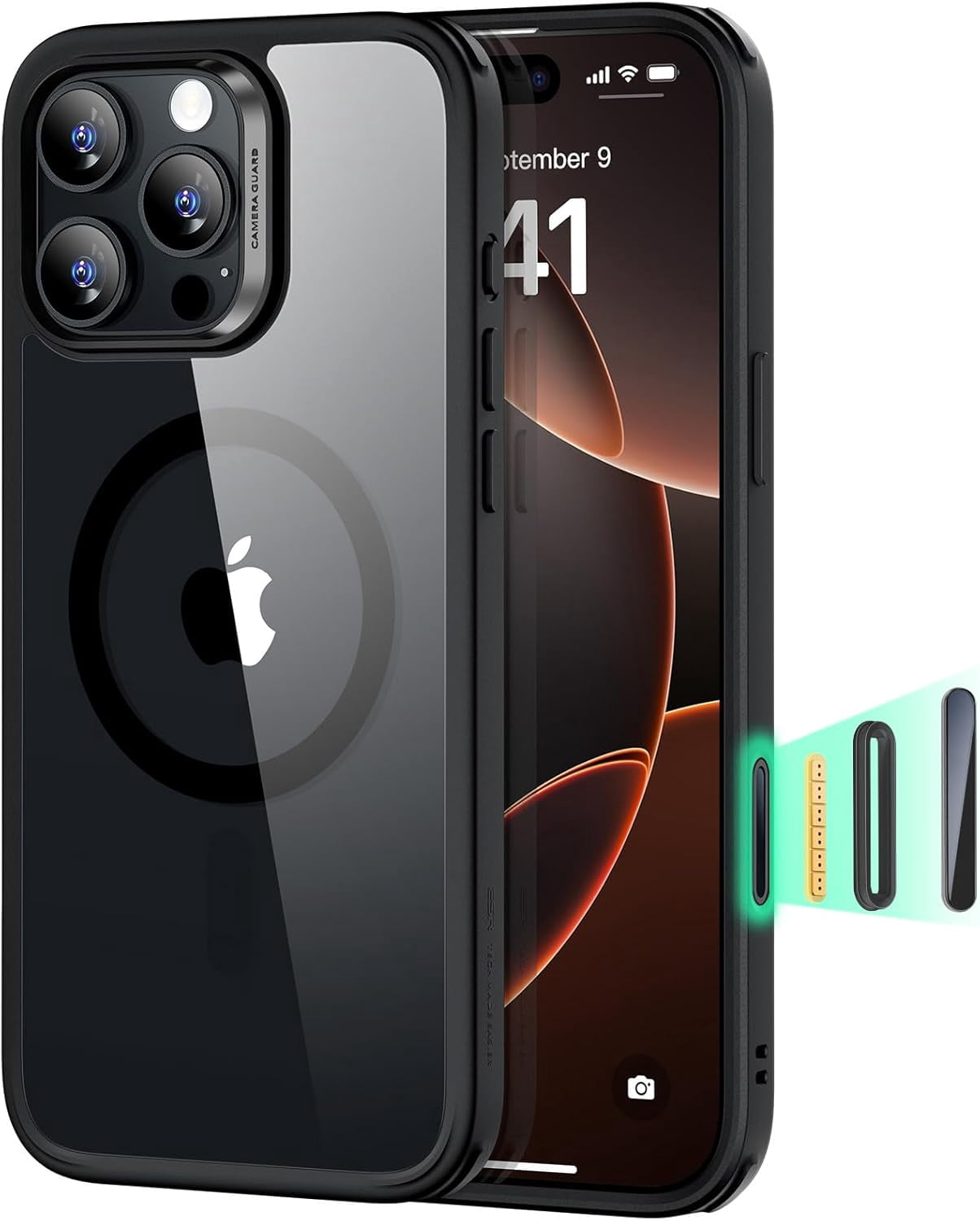 CRKMGS-for iPhone 16 Pro Max Case, Compatible with MagSafe, Shockproof Military-Grade Protection, Magnetic Phone Case for iPhone 16 Pro Max, Classic Hybrid Case (HaloLock), Clear Black