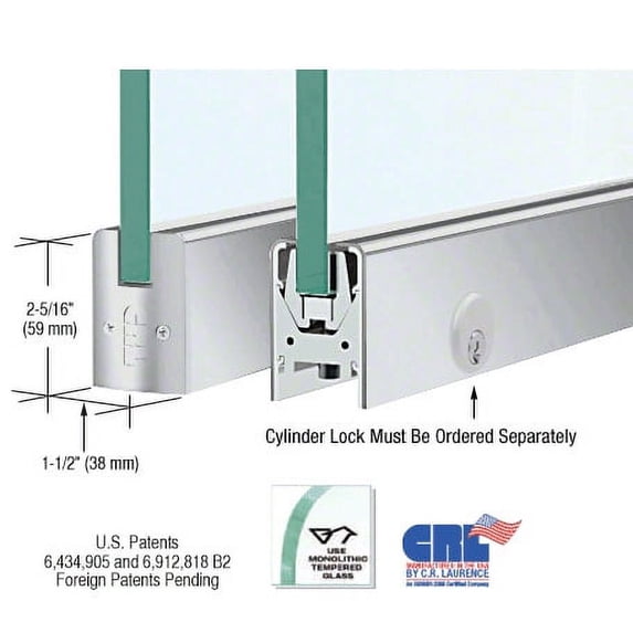 CRL DR2SSA12PL Satin Anodized 1/2" Glass Low Profile Square Door Rail With Lock - 8" Patch