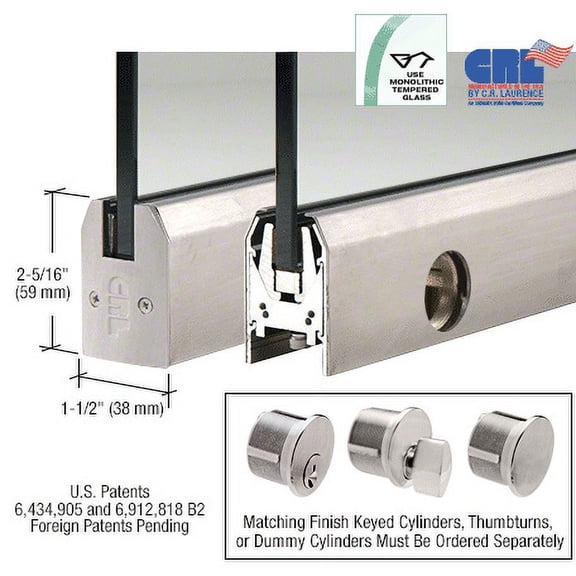 CRL DR2TBS12SL Brushed Stainless 1/2" Glass Low Profile Tapered Door Rail With Lock - 35-3/4" Length