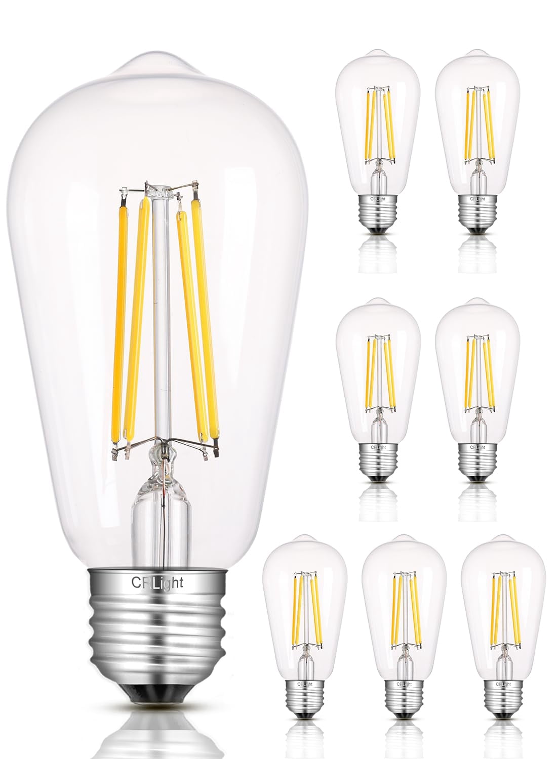 CRLight 8 Pack​​ Vintage Dimmable LED Edison Bulbs, 2700K Warm White 8W 800LM Equivalent 80W Incandescent, E26 ST58 = ST19 Clear Glass ​​Antique Decorative Filament Light