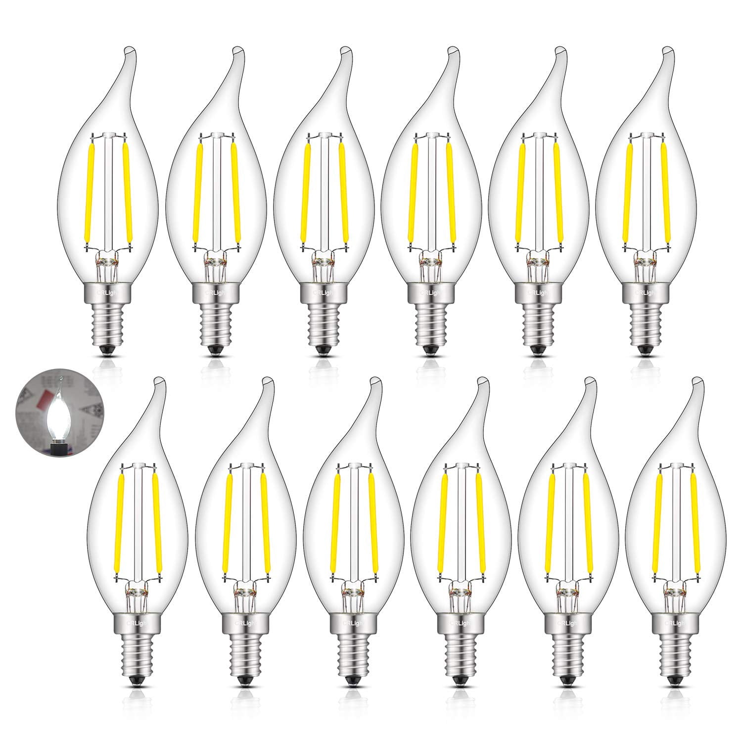 CRLight LED Candelabra Bulb 5000K Daylight White, 25W Equivalent 250LM, 2W LED Chandelier Light Bulbs, E12 Antique Edison CA11 Clear Glass Candle Bulbs, Non-dimmable, 12 Pack