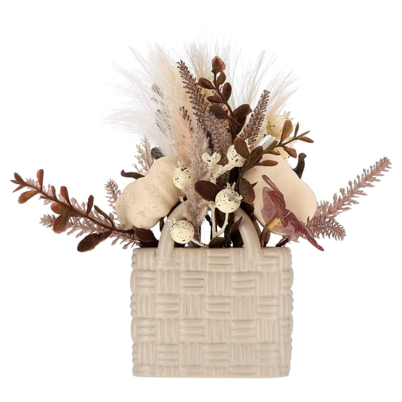 Pumpkins and Foliage Artificial Arrangement in Ceramic Basket, Cream and Brown, 10", Fall by Way To Celebrate