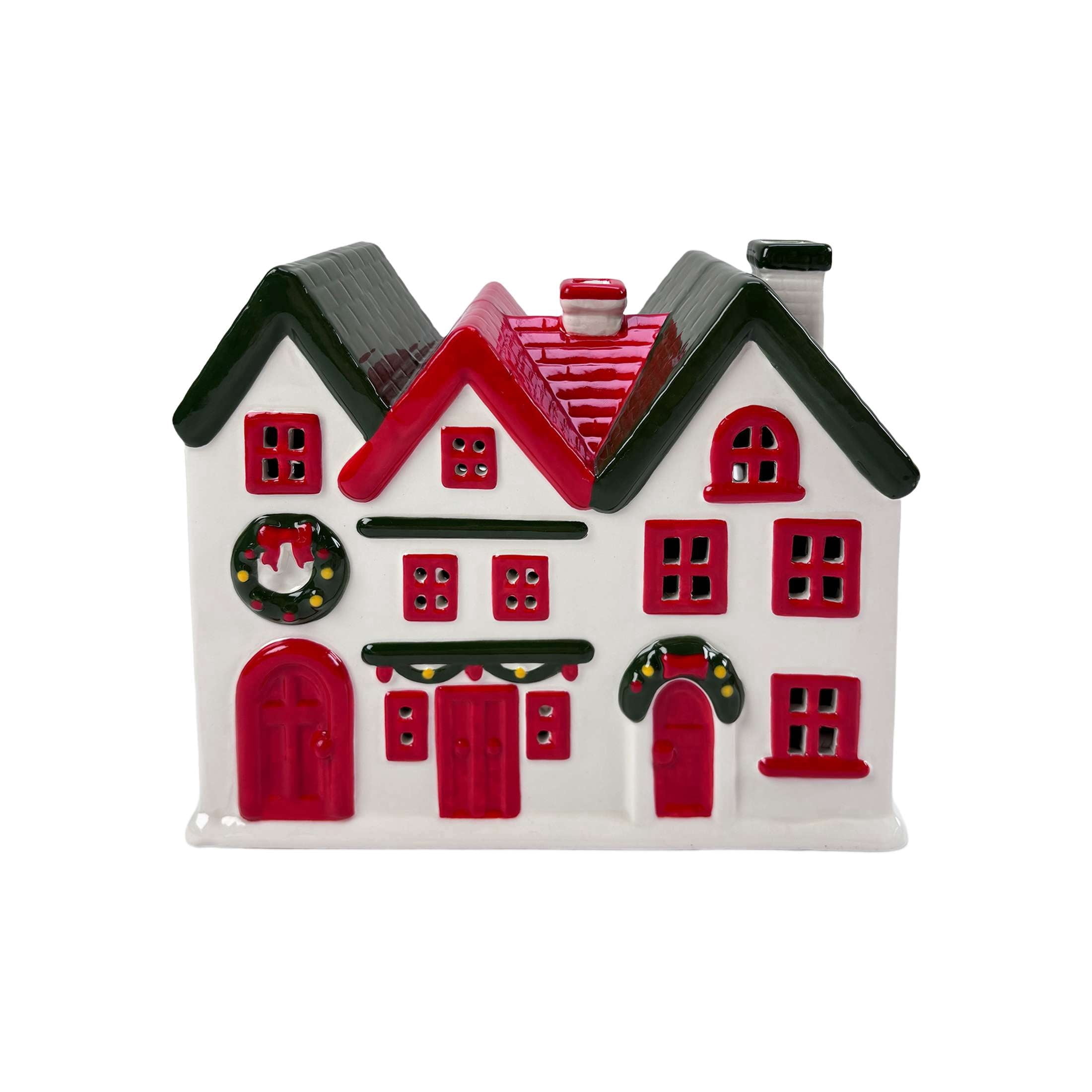 Light-Up Ceramic House Christmas Decoration, White/Red/Green, 7", by Holiday Time