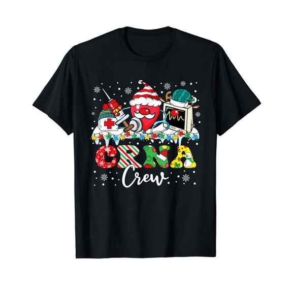 CRNA Crew Stethoscope Santa Hat Reindeer Nurse Christmas T-Shirt
