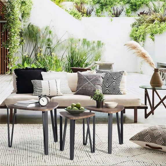 CRO Decor 3 sets of Nesting Coffee Tables with Walnut Wood Industrial Style