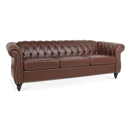 CRO Decor 84' BROWN PU Rolled Arm Chesterfield Three Seater Sofa (Dark Brown)