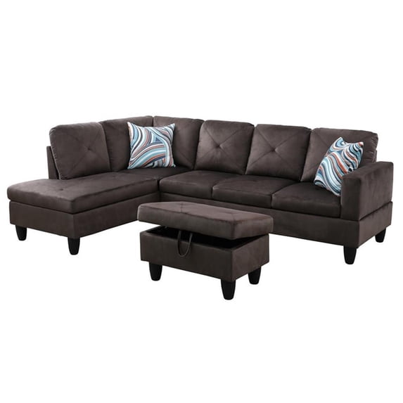 CRO Decor Espresso Flannel 3-Piece Couch Living Room Sofa Set