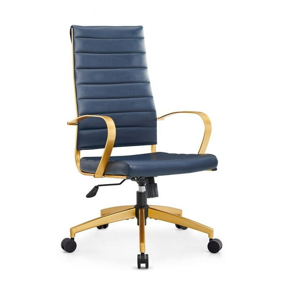 CRO Decor Gold Desk Chair in Blue Leather High Back Office Chair with Armrest