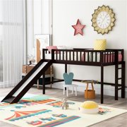 CRO Decor Twin Size Wood Low Loft Bed with Ladder and Slide (Espresso)