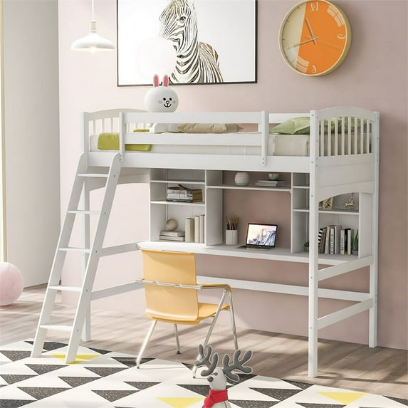 CRO Decor Twin size Loft Bed with Storage Shelves Desk and Ladder (White)