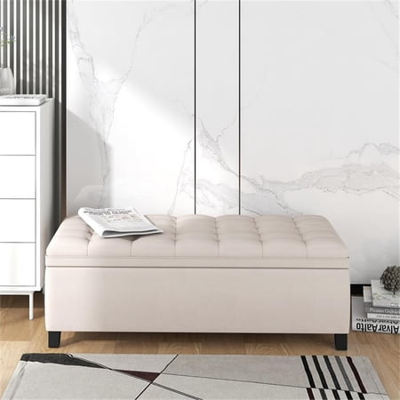 CRO Decor Upholstered Flip Top Storage Bench with Button Tufted Top-Beige