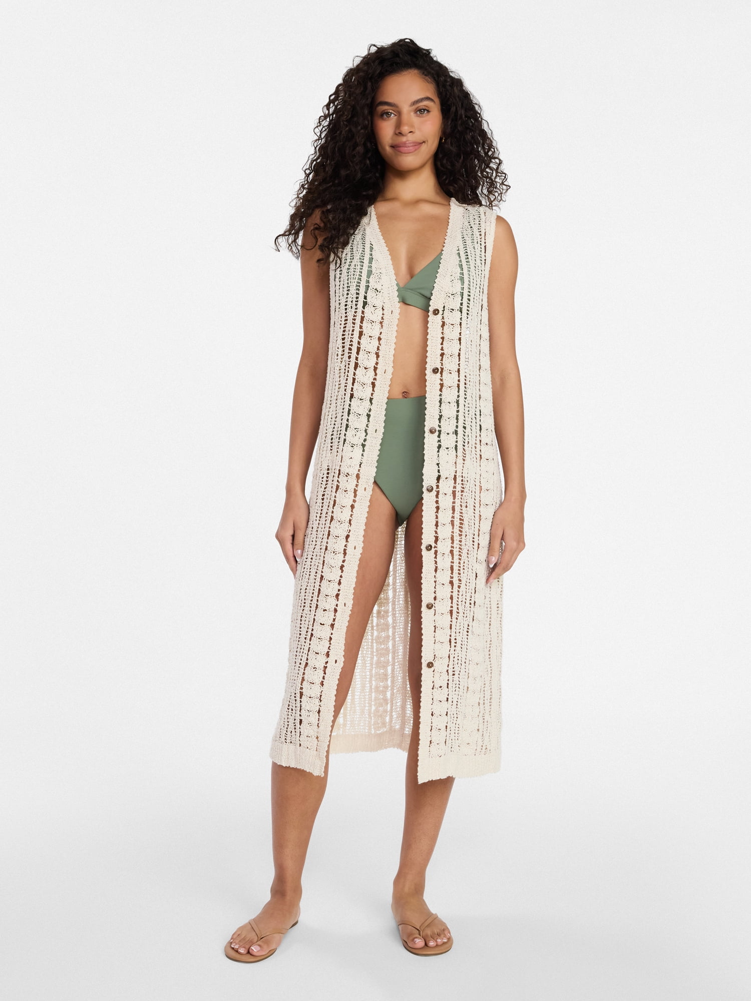 Time and Tru Women's Crochet Button Down Coverup, Size L/XL, Ivory