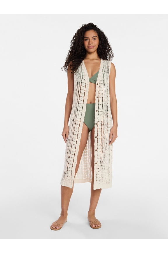 Women's Crochet Button Down Coverup, Size S/M, Ivory