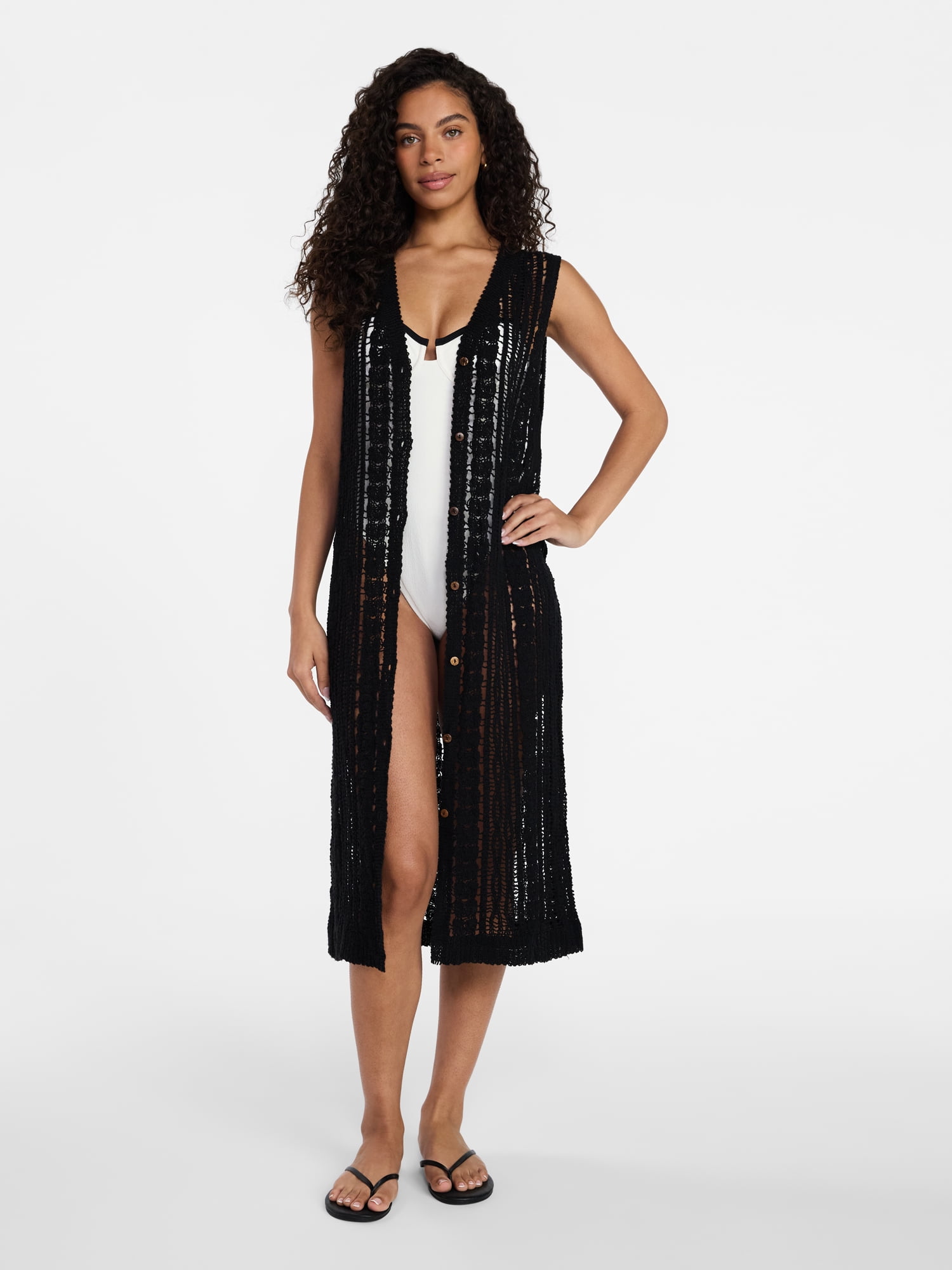 Time and Tru Women's Crochet Button Down Coverup, Size XXL/XXXL, Black Soot