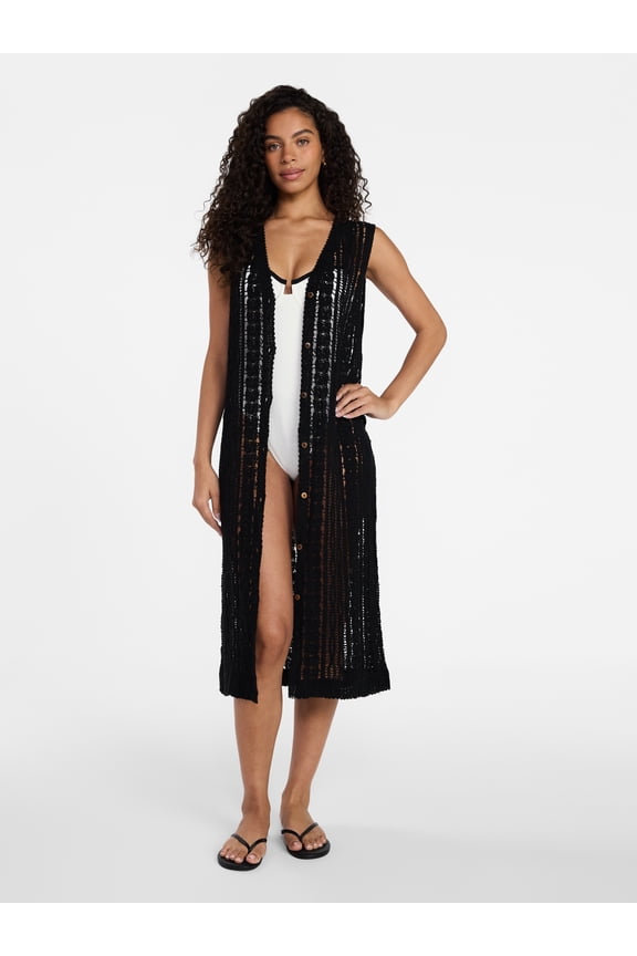 Women's Crochet Button Down Coverup, Size S/M, Black Soot