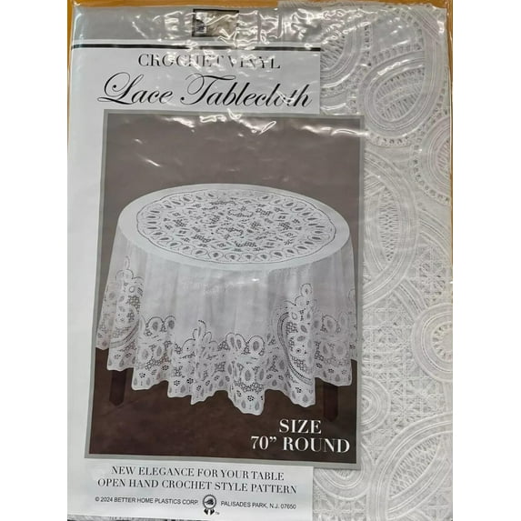 Crochet Lace Vinyl Tablecloth, Vintage Look, 70" Round, White