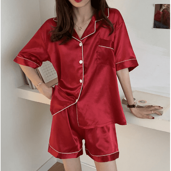CROII Womens Satin Silk Pajamas Set Short Sleeve Button Down Top and Shorts Sleepwear 2 Piece Pjs Set