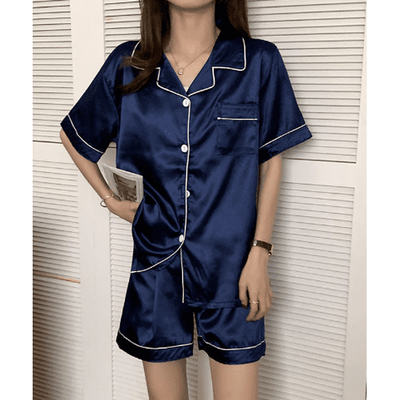 CROII Womens Satin Silk Pajamas Set Short Sleeve Button Down Top and Shorts Sleepwear 2 Piece Pjs Set