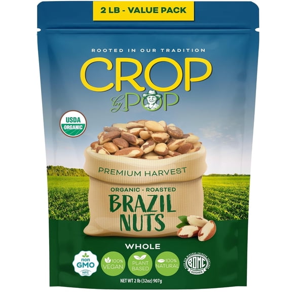 CROP BY POP Organic Roasted Brazil Nuts, Unsalted, 32 oz Resealable Bag, USDA Organic, Non-GMO, Vegan, Kosher