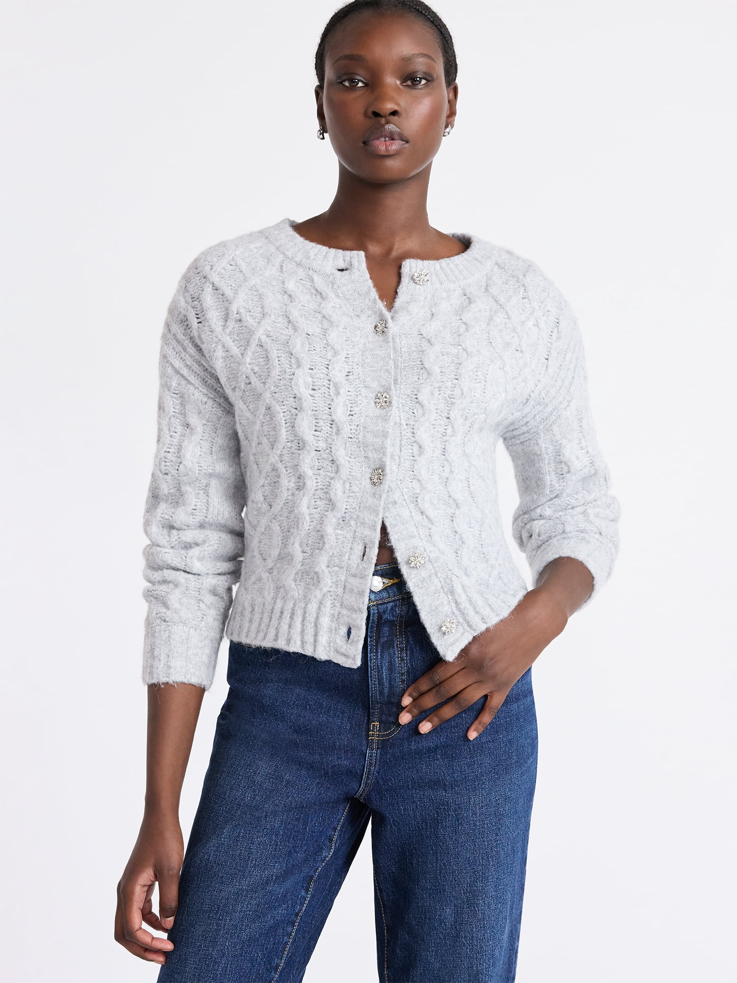 Free Assembly Women's and Women's Plus Cropped Cable Cardigan Sweater, Midweight, Sizes XS-4X