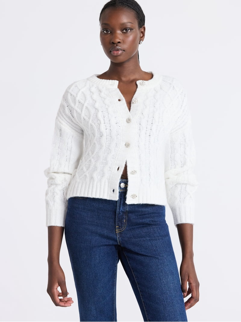Free Assembly Women's and Women's Plus Cropped Cable Cardigan