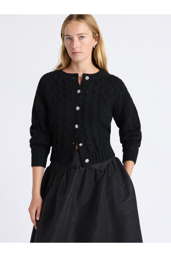 Women's and Women's Plus Cropped Cable Cardigan Sweater, Midweight, Sizes XS-4X