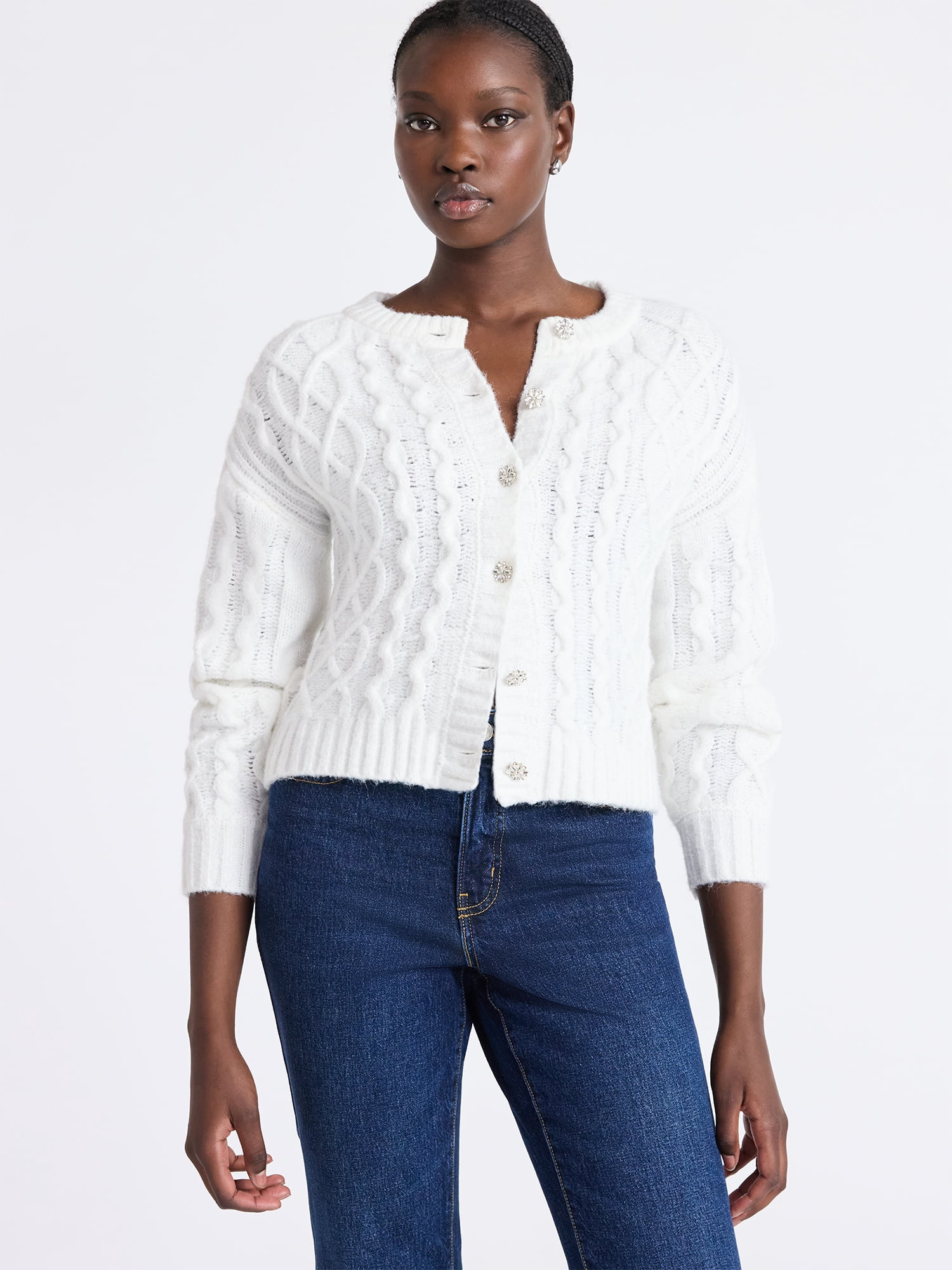 Free Assembly Women's and Women's Plus Cropped Cable Cardigan Sweater, Midweight, Sizes XS-4X