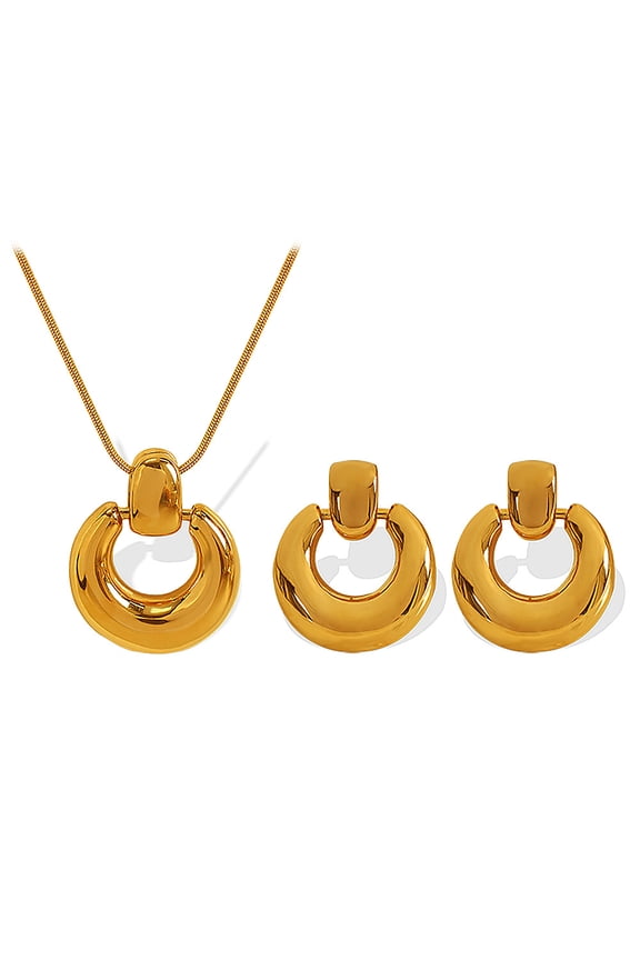 18K Gold Plated Polished Chunky Open Hoop Jewelry Set, Minimalist Smooth Circle Pendant Snake Chain Necklace & Matching Hoop Earrings, High-End Statement Matching Accessories for Women
