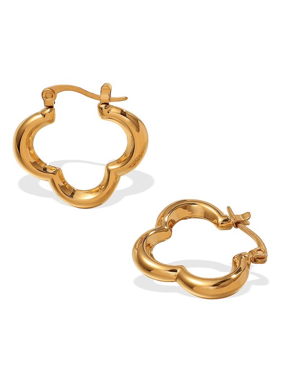 18K Gold Plated Stainless Steel Four Leaf Clover Huggie Hoop Earrings, Non-Fade Polished Clover Shape Click Top Ear Buckles, Elegant High-End Floral Jewelry for Women