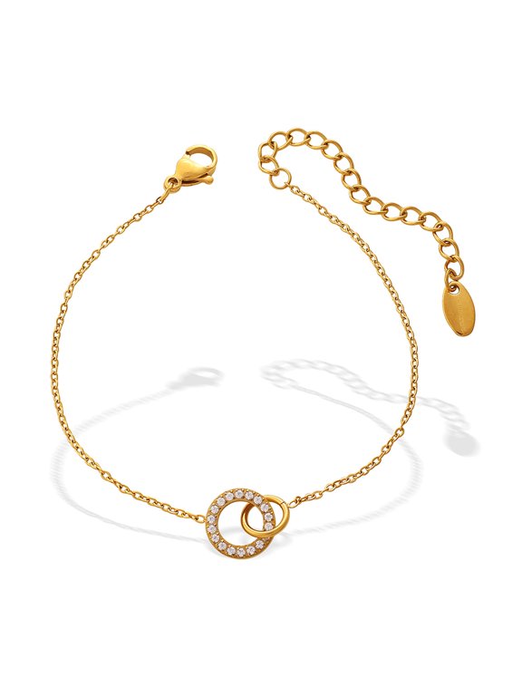 18K Gold Plated Stainless Steel Interlocking Circle Bracelet for Women, Dainty Cubic Zirconia Double Linked Ring Minimalist Daily Commute Jewelry