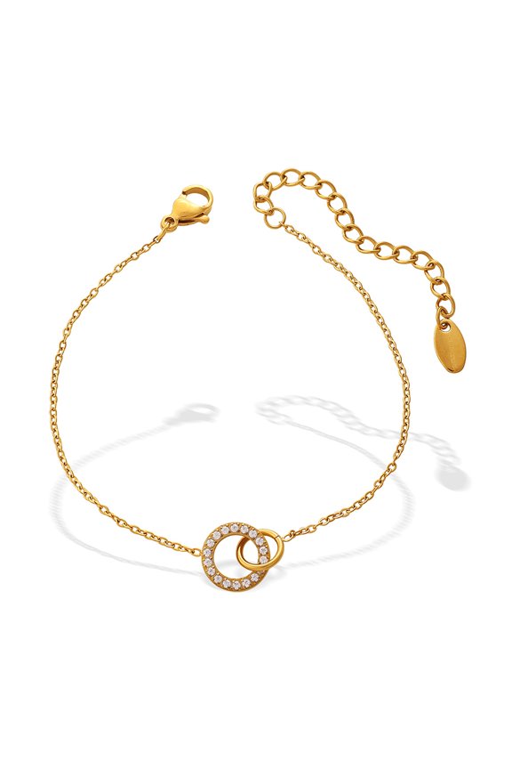 18K Gold Plated Stainless Steel Interlocking Circle Bracelet for Women, Dainty Cubic Zirconia Double Linked Ring Minimalist Daily Commute Jewelry