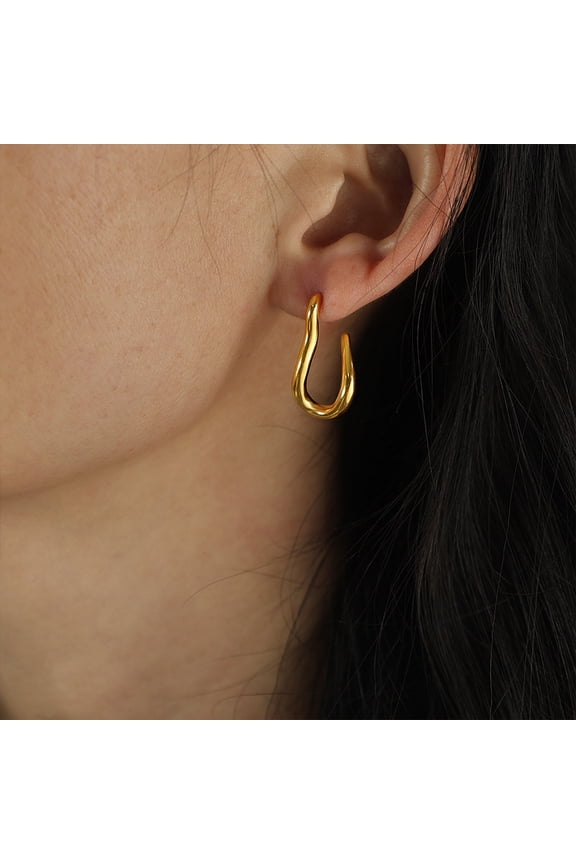 18K Gold Plated Stainless Steel Irregular Open U-Shaped Hoop Stud Earrings, Smooth Glossy Metallic Minimalist Fashion Versatile Statement Earrings for Women