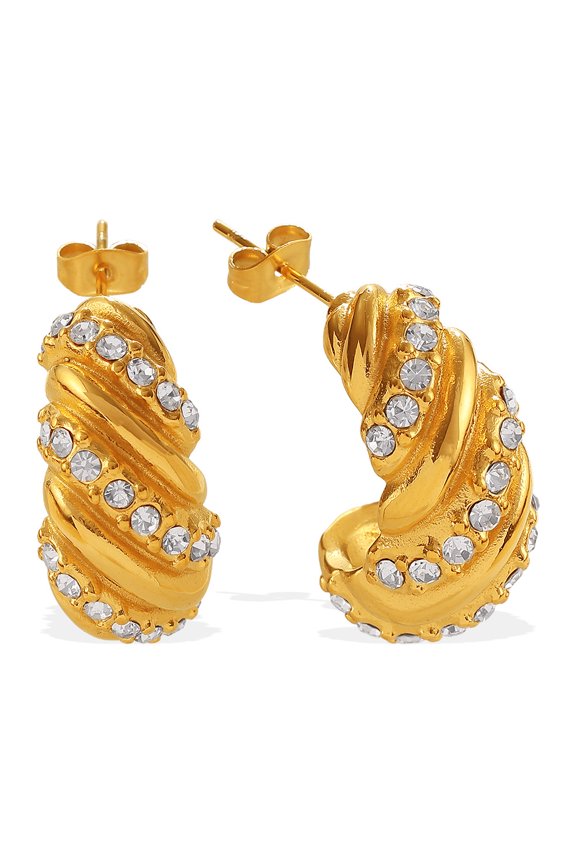 18K Gold Plated Stainless Steel Twisted C Hoop Earrings, Paved Crystal Rhinestone 3D Spiral Curved Stud Earrings, Luxury Niche High-End Statement Ear Jewelry for Women
