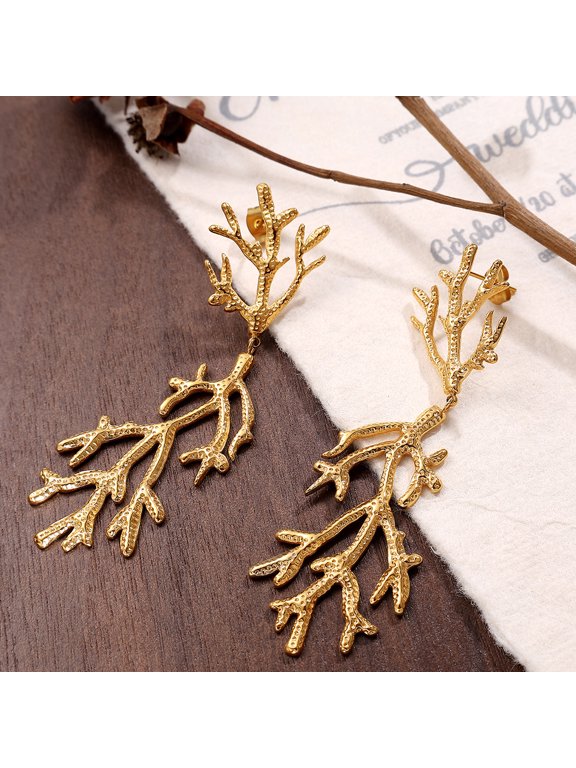 18K Gold Plated Textured Branch Drop Earrings, Long Tree Twig Dangle Stud Earrings, Minimalist European American Light Luxury Jewelry for Women