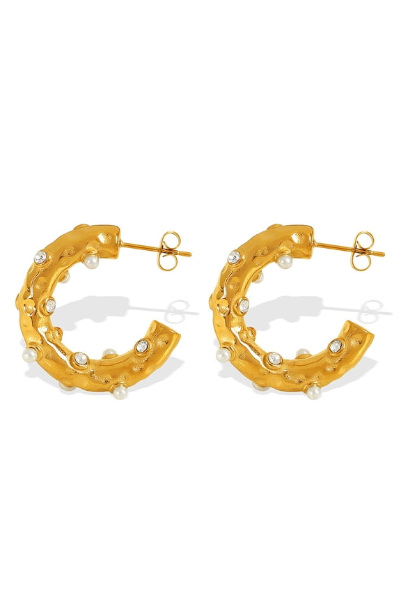 18K Gold Plated Titanium Steel Hammered C-Shaped Hoop Stud Earrings, Irregular Concave-Convex Textured Hoops Inlaid with Pearls & Cubic Zirconia, Trendy Statement Ear Jewelry for Women