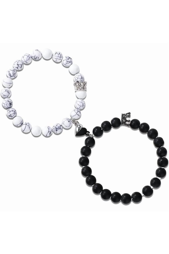 2 Pcs Elegant Couples Magnetic Stone Bracelets, Anniversary Couple Love, Heart Jewelry, Couples Beaded Stretch Bracelets Set, Perfect Valentine's Day Gift Couples Magnetic Couples