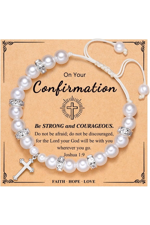Girls Cross Pearl Bracelet-Baptism Confirmation First Communion Gifts for Girls Teens