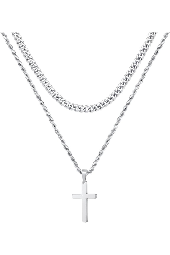 Layered Cross Necklace for Men - 18K Gold Silver Black Cross Necklaces Chain for Men, Layered Rope Chain Necklace Mens Jewelry 16 18 20 22 24 Inch