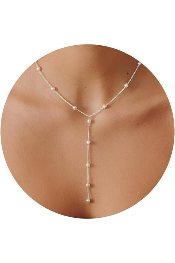 Pearl Necklace: 14K White Gold-Plated Pearl Pendant Necklace for Women Station Choker Y-necklace 16.5" + 2"