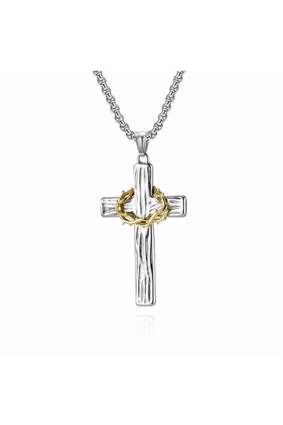 Retro titanium steel wreath cross necklace two-tone wood grain stainless steel prayer pendant literary cold jewelry daily party gift shaped necklace
