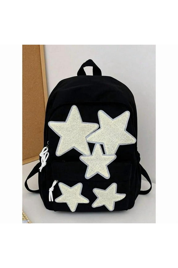 Unisex Preppy Style Star Patched Backpack, Casual Lightweight Large Capacity Stylish Daypacks, Fluffy Backpack, Fashionable Classic Backpack for Daily, Travel, College Use