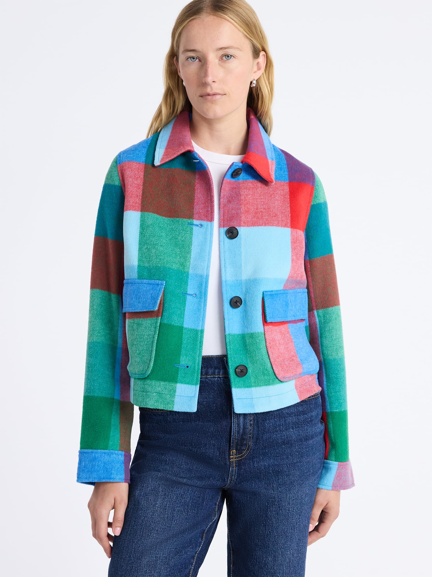 Free Assembly Women's Plaid Cropped Chore Jacket, Sizes XS-XXL