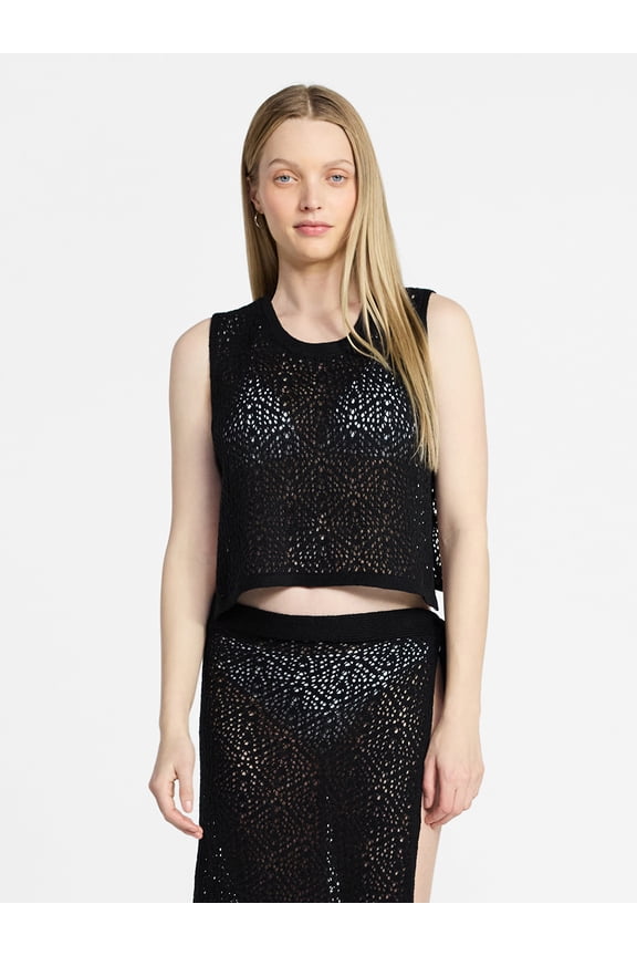 Cropped Crochet Knit Poncho with Side Ties, Women's