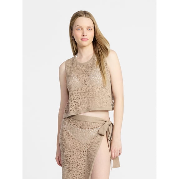 No Boundaries Cropped Crochet Knit Poncho with Side Ties, Women's